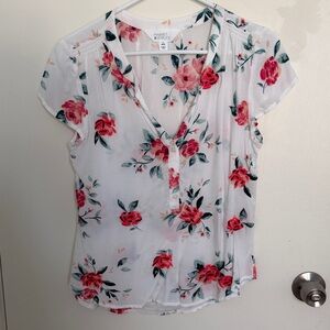 Market & Spruce White Blouse with Red and Green Floral Design
